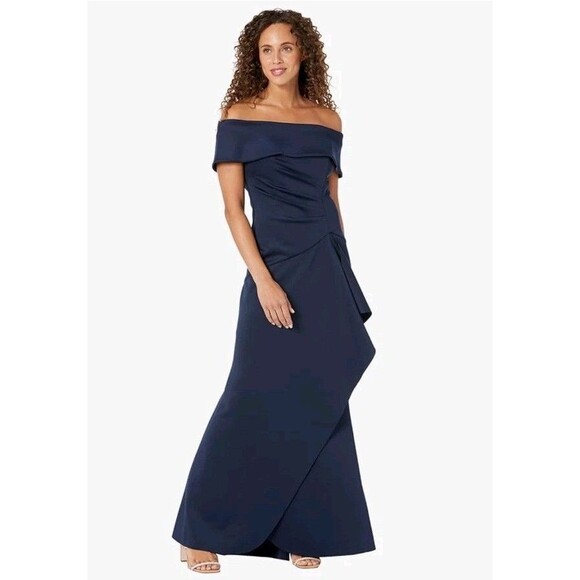 Xscape Long Scuba Off-The-Shoulder Dress Navy Size 4 NWT - Picture 1 of 6
